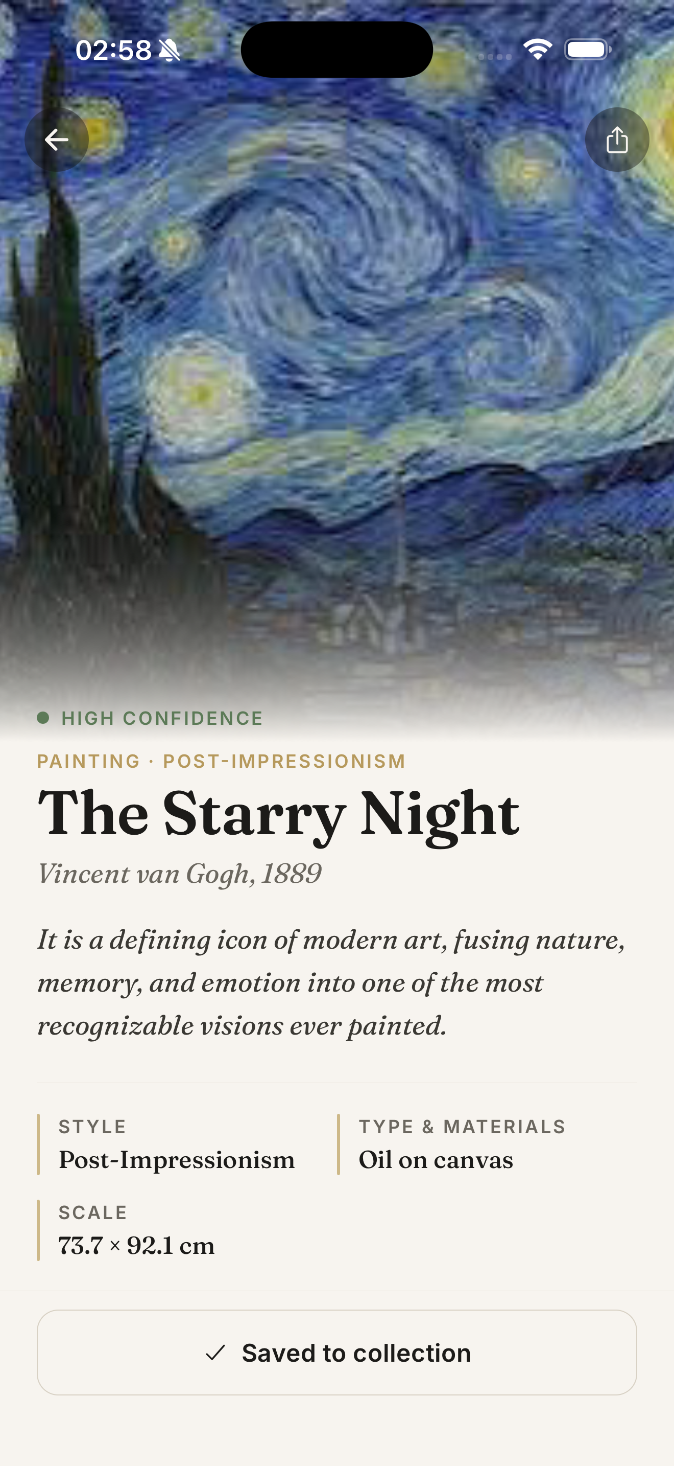 Art Identifier identifying The Starry Night by Vincent van Gogh, 1889